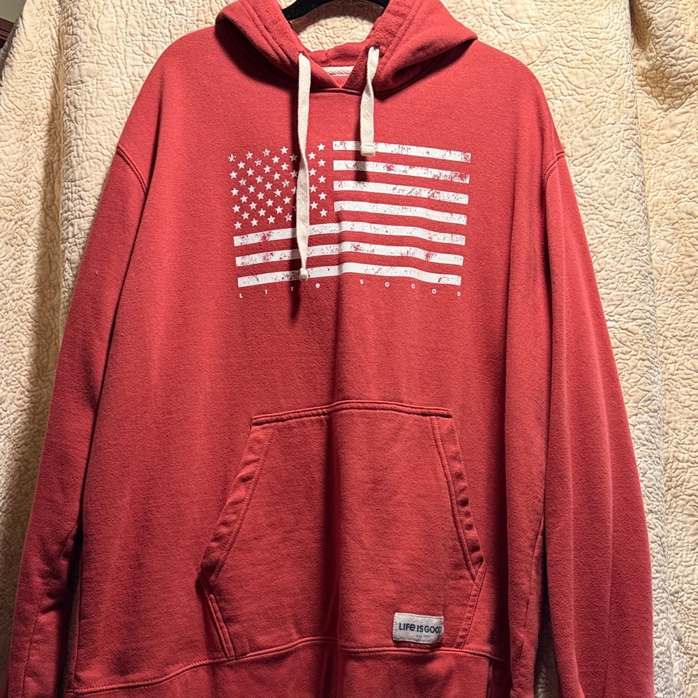 Life Is Good Men's Red Hoodie with Flag Design